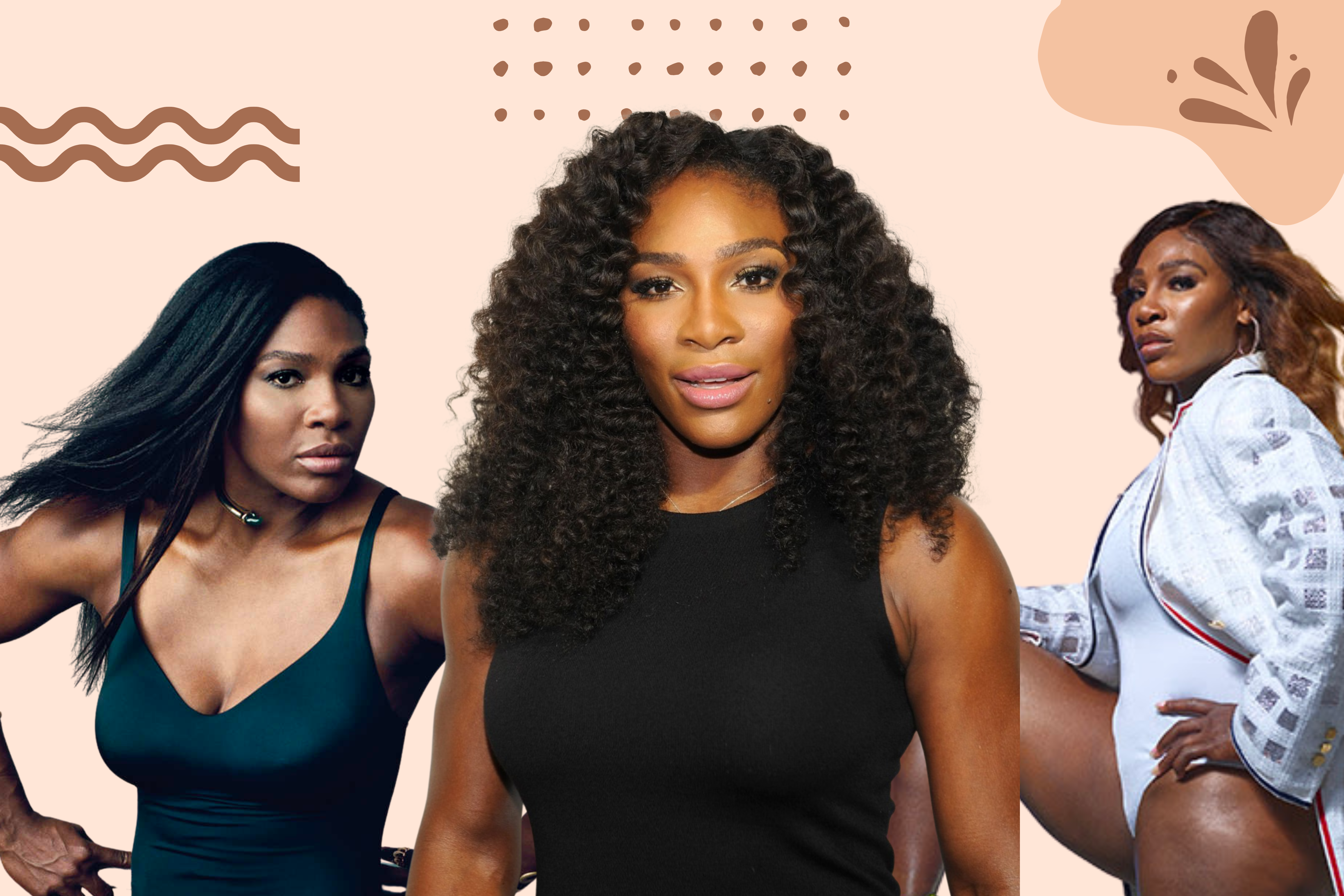 Serena Williams in afro-type, straight and curly wigs