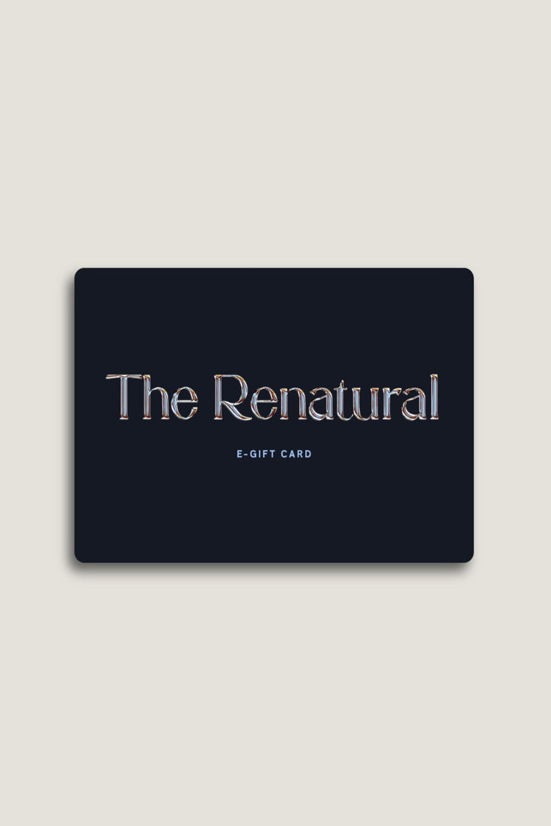 Black gift card with 'The Renatural' branding on a light gray background
